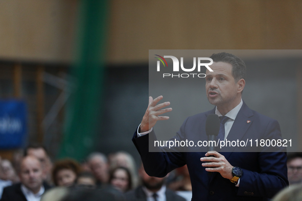 In Krakow, Poland, on November 16, 2024, candidate for president in the primaries Rafal Trzaskowski attends a meeting at Hala Com-Com Zone i...