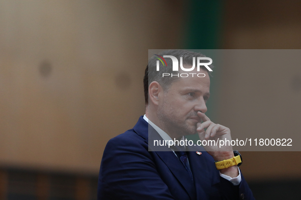 In Krakow, Poland, on November 16, 2024, candidate for president in the primaries Rafal Trzaskowski attends a meeting at Hala Com-Com Zone i...