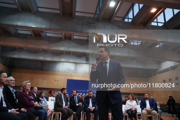 In Krakow, Poland, on November 16, 2024, candidate for president in the primaries Rafal Trzaskowski attends a meeting at Hala Com-Com Zone i...