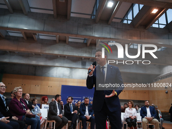 In Krakow, Poland, on November 16, 2024, candidate for president in the primaries Rafal Trzaskowski attends a meeting at Hala Com-Com Zone i...