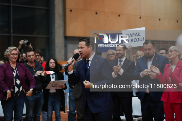 In Krakow, Poland, on November 16, 2024, candidate for president in the primaries Rafal Trzaskowski attends a meeting at Hala Com-Com Zone i...