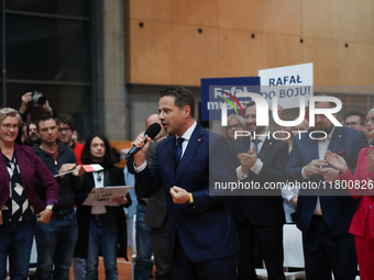 In Krakow, Poland, on November 16, 2024, candidate for president in the primaries Rafal Trzaskowski attends a meeting at Hala Com-Com Zone i...