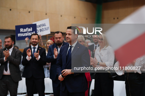 In Krakow, Poland, on November 16, 2024, candidate for president in the primaries Rafal Trzaskowski attends a meeting at Hala Com-Com Zone i...