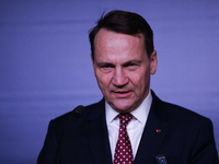 In Warsaw, Poland, on November 19, 2024, Polish Minister of Foreign Affairs Radoslaw Sikorski holds a press briefing after a meeting involvi...