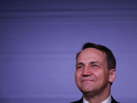 In Warsaw, Poland, on November 19, 2024, Polish Minister of Foreign Affairs Radoslaw Sikorski holds a press briefing after a meeting involvi...