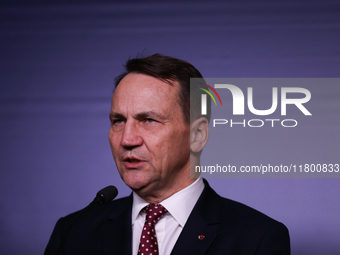 In Warsaw, Poland, on November 19, 2024, Polish Minister of Foreign Affairs Radoslaw Sikorski holds a press briefing after a meeting involvi...