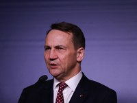 In Warsaw, Poland, on November 19, 2024, Polish Minister of Foreign Affairs Radoslaw Sikorski holds a press briefing after a meeting involvi...