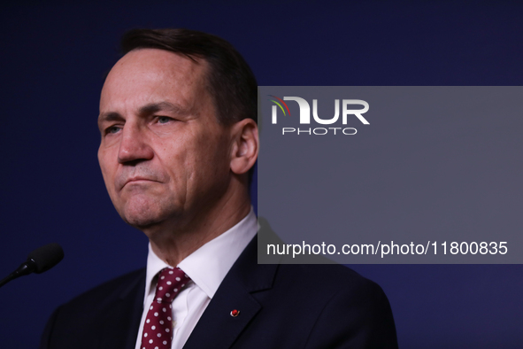 In Warsaw, Poland, on November 19, 2024, Polish Minister of Foreign Affairs Radoslaw Sikorski holds a press briefing after a meeting involvi...