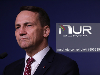 In Warsaw, Poland, on November 19, 2024, Polish Minister of Foreign Affairs Radoslaw Sikorski holds a press briefing after a meeting involvi...