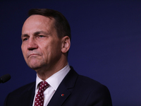 In Warsaw, Poland, on November 19, 2024, Polish Minister of Foreign Affairs Radoslaw Sikorski holds a press briefing after a meeting involvi...