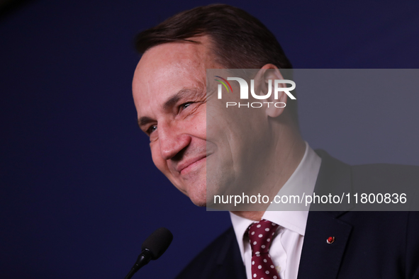 In Warsaw, Poland, on November 19, 2024, Polish Minister of Foreign Affairs Radoslaw Sikorski holds a press briefing after a meeting involvi...