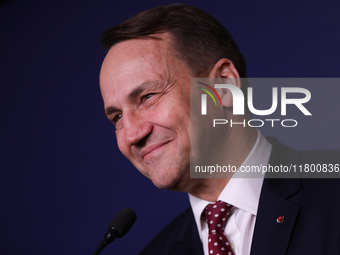 In Warsaw, Poland, on November 19, 2024, Polish Minister of Foreign Affairs Radoslaw Sikorski holds a press briefing after a meeting involvi...