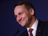 In Warsaw, Poland, on November 19, 2024, Polish Minister of Foreign Affairs Radoslaw Sikorski holds a press briefing after a meeting involvi...