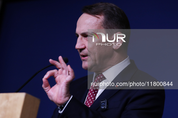 In Warsaw, Poland, on November 19, 2024, Polish Minister of Foreign Affairs Radoslaw Sikorski holds a press briefing after a meeting involvi...