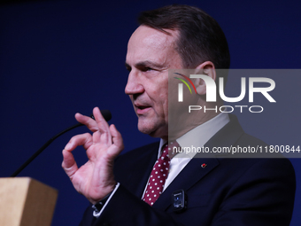 In Warsaw, Poland, on November 19, 2024, Polish Minister of Foreign Affairs Radoslaw Sikorski holds a press briefing after a meeting involvi...