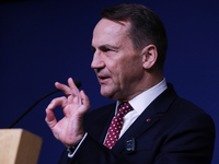 In Warsaw, Poland, on November 19, 2024, Polish Minister of Foreign Affairs Radoslaw Sikorski holds a press briefing after a meeting involvi...