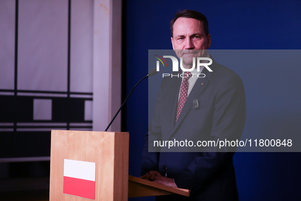 In Warsaw, Poland, on November 19, 2024, Polish Minister of Foreign Affairs Radoslaw Sikorski holds a press briefing after a meeting involvi...