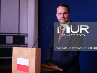 In Warsaw, Poland, on November 19, 2024, Polish Minister of Foreign Affairs Radoslaw Sikorski holds a press briefing after a meeting involvi...