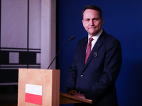 In Warsaw, Poland, on November 19, 2024, Polish Minister of Foreign Affairs Radoslaw Sikorski holds a press briefing after a meeting involvi...