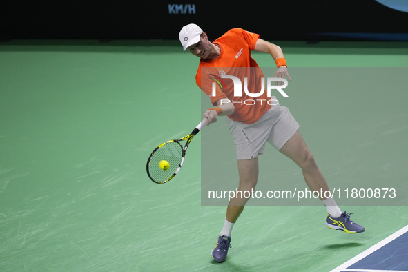 MALAGA, SPAIN - NOVEMBER 22: Botic van de Zandschulp of Team Netherlands during his singles match against Daniel Altamaier of Team Germany d...