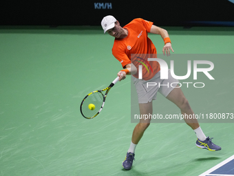 MALAGA, SPAIN - NOVEMBER 22: Botic van de Zandschulp of Team Netherlands during his singles match against Daniel Altamaier of Team Germany d...