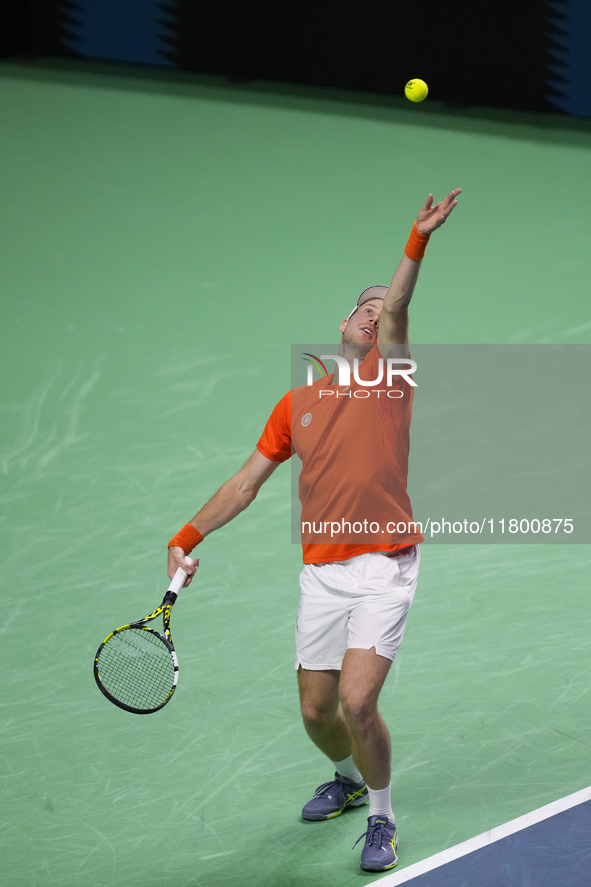 MALAGA, SPAIN - NOVEMBER 22: Botic van de Zandschulp of Team Netherlands during his singles match against Daniel Altamaier of Team Germany d...