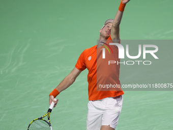 MALAGA, SPAIN - NOVEMBER 22: Botic van de Zandschulp of Team Netherlands during his singles match against Daniel Altamaier of Team Germany d...