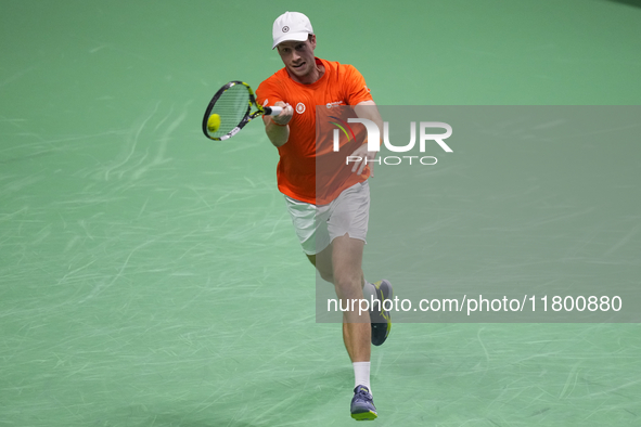 MALAGA, SPAIN - NOVEMBER 22: Botic van de Zandschulp of Team Netherlands during his singles match against Daniel Altamaier of Team Germany d...