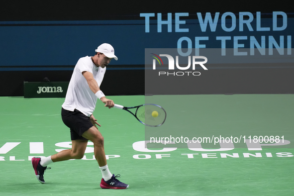 MALAGA, SPAIN - NOVEMBER 22: Daniel Altamaier of Team Germany during his singles match against Botic van de Zandschulp of Team Netherlands d...