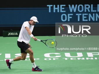 MALAGA, SPAIN - NOVEMBER 22: Daniel Altamaier of Team Germany during his singles match against Botic van de Zandschulp of Team Netherlands d...