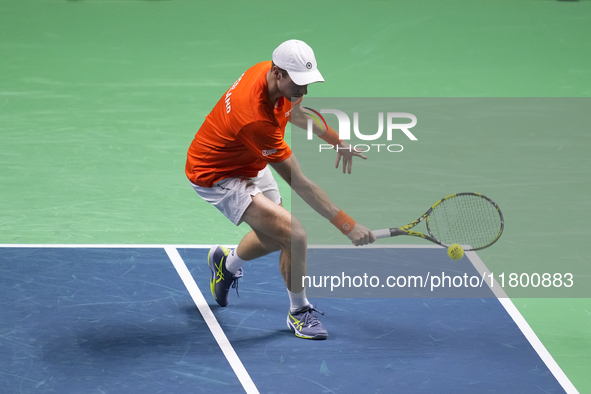 MALAGA, SPAIN - NOVEMBER 22: Botic van de Zandschulp of Team Netherlands during his singles match against Daniel Altamaier of Team Germany d...