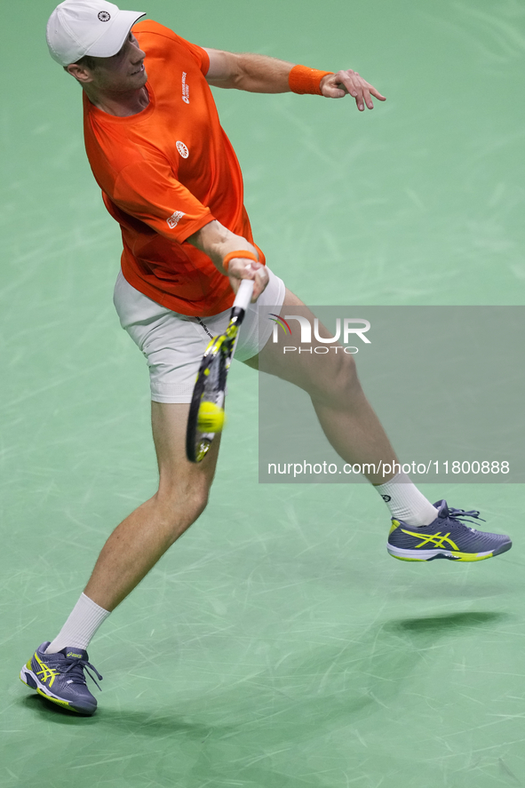 MALAGA, SPAIN - NOVEMBER 22: Botic van de Zandschulp of Team Netherlands during his singles match against Daniel Altamaier of Team Germany d...