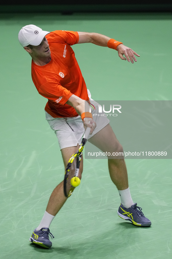 MALAGA, SPAIN - NOVEMBER 22: Botic van de Zandschulp of Team Netherlands during his singles match against Daniel Altamaier of Team Germany d...