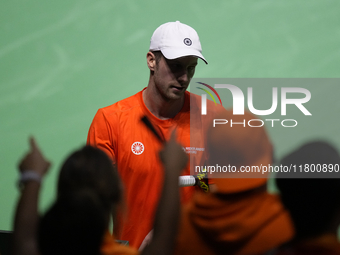 MALAGA, SPAIN - NOVEMBER 22: Botic van de Zandschulp of Team Netherlands celebrates a point during his singles match against Daniel Altamaie...