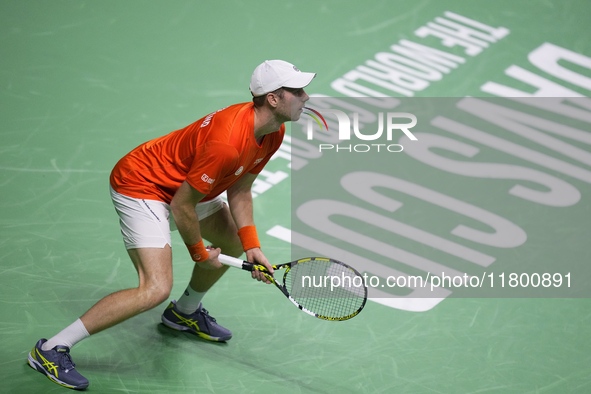 MALAGA, SPAIN - NOVEMBER 22: Botic van de Zandschulp of Team Netherlands during his singles match against Daniel Altamaier of Team Germany d...