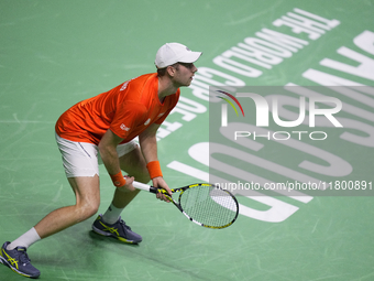 MALAGA, SPAIN - NOVEMBER 22: Botic van de Zandschulp of Team Netherlands during his singles match against Daniel Altamaier of Team Germany d...