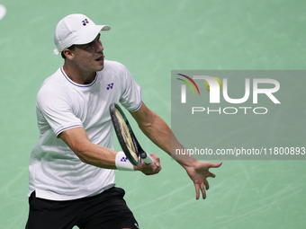 MALAGA, SPAIN - NOVEMBER 22: Daniel Altamaier of Team Germany during his singles match against Botic van de Zandschulp of Team Netherlands d...