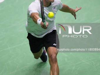 MALAGA, SPAIN - NOVEMBER 22: Daniel Altamaier of Team Germany during his singles match against Botic van de Zandschulp of Team Netherlands d...