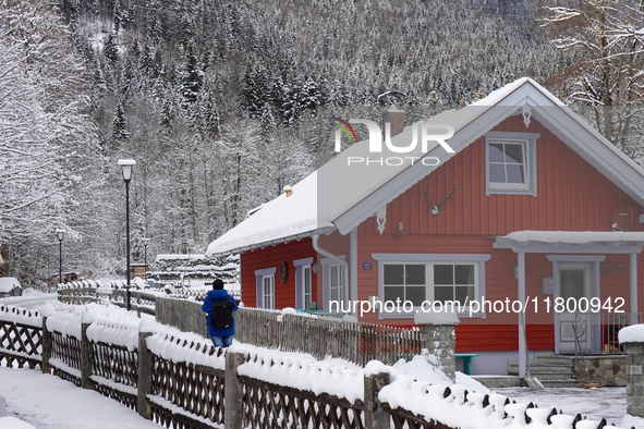 In the village of Walchensee in Upper Bavaria, in the district of Bad Tolz-Wolfratshausen, on the shores of Lake Walchensee, a winter atmosp...