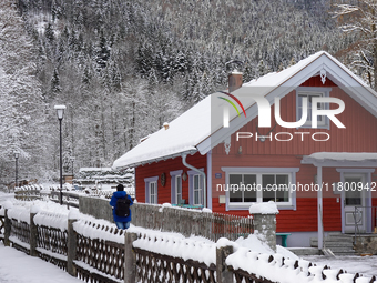 In the village of Walchensee in Upper Bavaria, in the district of Bad Tolz-Wolfratshausen, on the shores of Lake Walchensee, a winter atmosp...