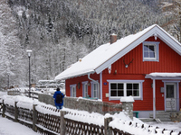 In the village of Walchensee in Upper Bavaria, in the district of Bad Tolz-Wolfratshausen, on the shores of Lake Walchensee, a winter atmosp...