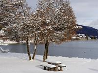 In the village of Walchensee in Upper Bavaria, in the district of Bad Tolz-Wolfratshausen, on the shores of Lake Walchensee, a winter atmosp...