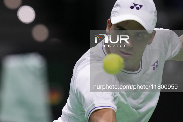 MALAGA, SPAIN - NOVEMBER 22: Daniel Altamaier of Team Germany during his singles match against Botic van de Zandschulp of Team Netherlands d...