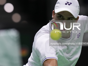 MALAGA, SPAIN - NOVEMBER 22: Daniel Altamaier of Team Germany during his singles match against Botic van de Zandschulp of Team Netherlands d...