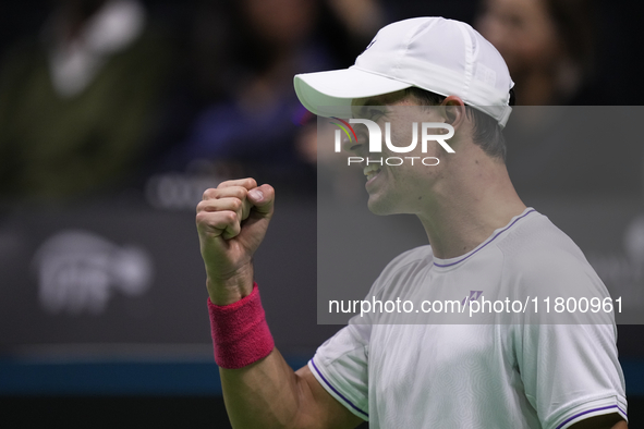 MALAGA, SPAIN - NOVEMBER 22: Daniel Altamaier of Team Germany celebrates a point during his singles match against Botic van de Zandschulp of...