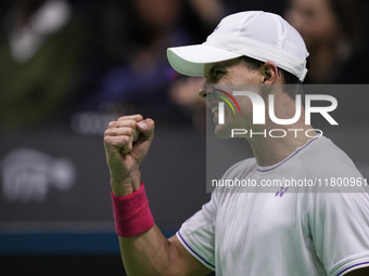 MALAGA, SPAIN - NOVEMBER 22: Daniel Altamaier of Team Germany celebrates a point during his singles match against Botic van de Zandschulp of...