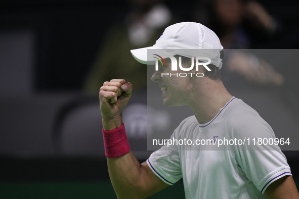 MALAGA, SPAIN - NOVEMBER 22: Daniel Altamaier of Team Germany celebrates a point during his singles match against Botic van de Zandschulp of...