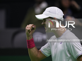 MALAGA, SPAIN - NOVEMBER 22: Daniel Altamaier of Team Germany celebrates a point during his singles match against Botic van de Zandschulp of...