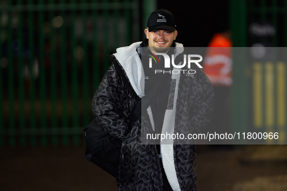 Jamie Blamire of Newcastle Falcons arrives at Kingston Park for the Premiership Cup Group A match between Newcastle Falcons and Sale FC in N...