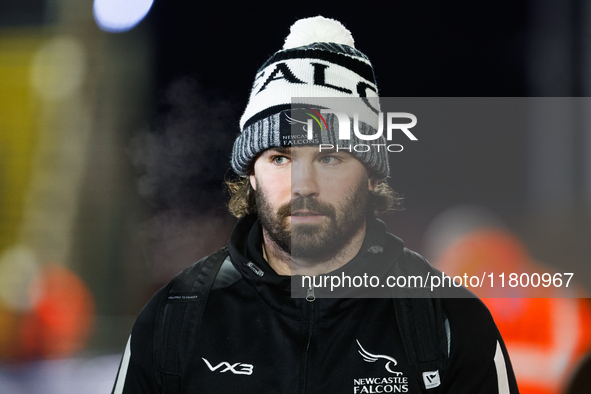 Sammy Arnold of Newcastle Falcons arrives for the Premiership Cup Group A match between Newcastle Falcons and Sale FC at Kingston Park in Ne...